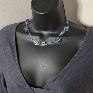 Blue And Clear Glass Bead And Wire Necklace Adjustable 15.5 To 18 Inches Long